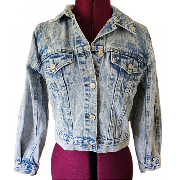 KanCan Acid Wash Blue Jean Jacket Classic Cropped Retro Style - Picture 1 of 14